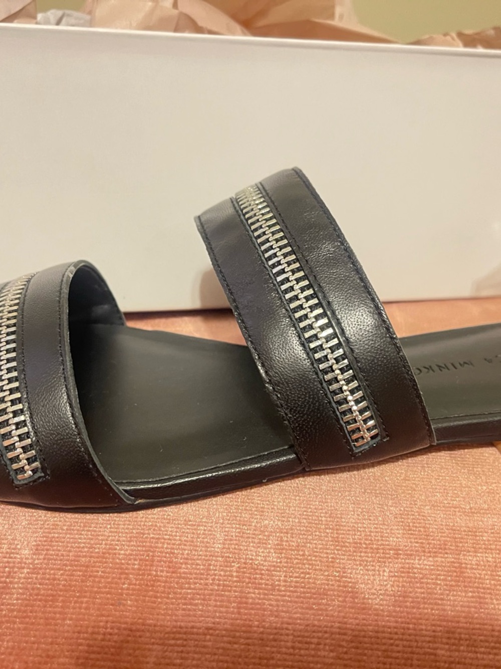 Rebecca Minkoff Black Leather Sandals with Silver zipper NWB